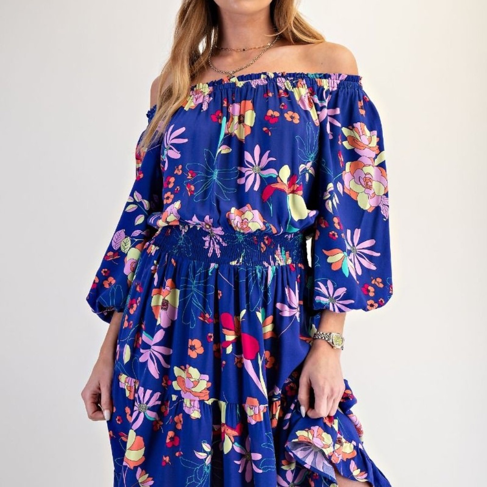 FLORAL PRINTED CHALLIS DRESS Royal Blue - Picture 4 of 6